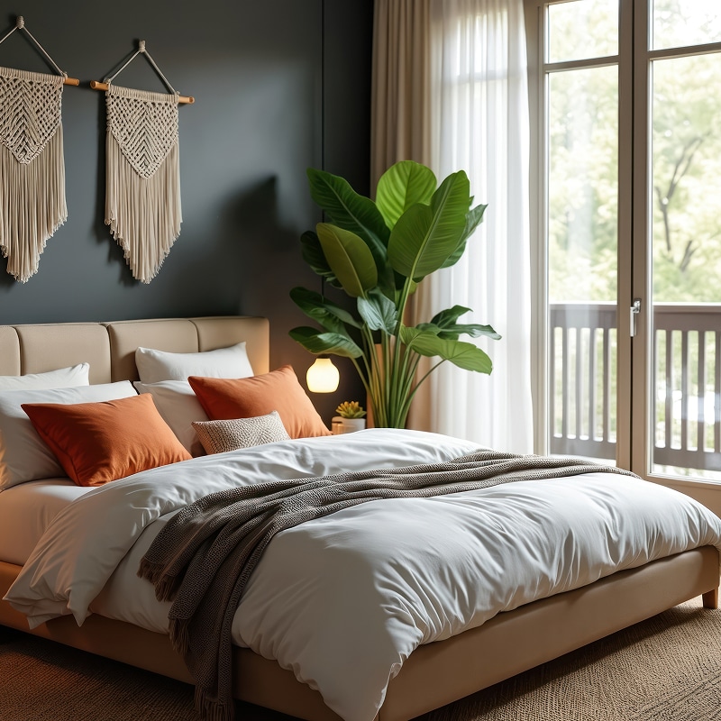 Chambre Moderne Bohème : Design Apaisant et Lumineux Chambre moderne apaisante avec mur gris anthracite, tête de lit beige, literie blanche, coussins terracotta et tentures macramé.