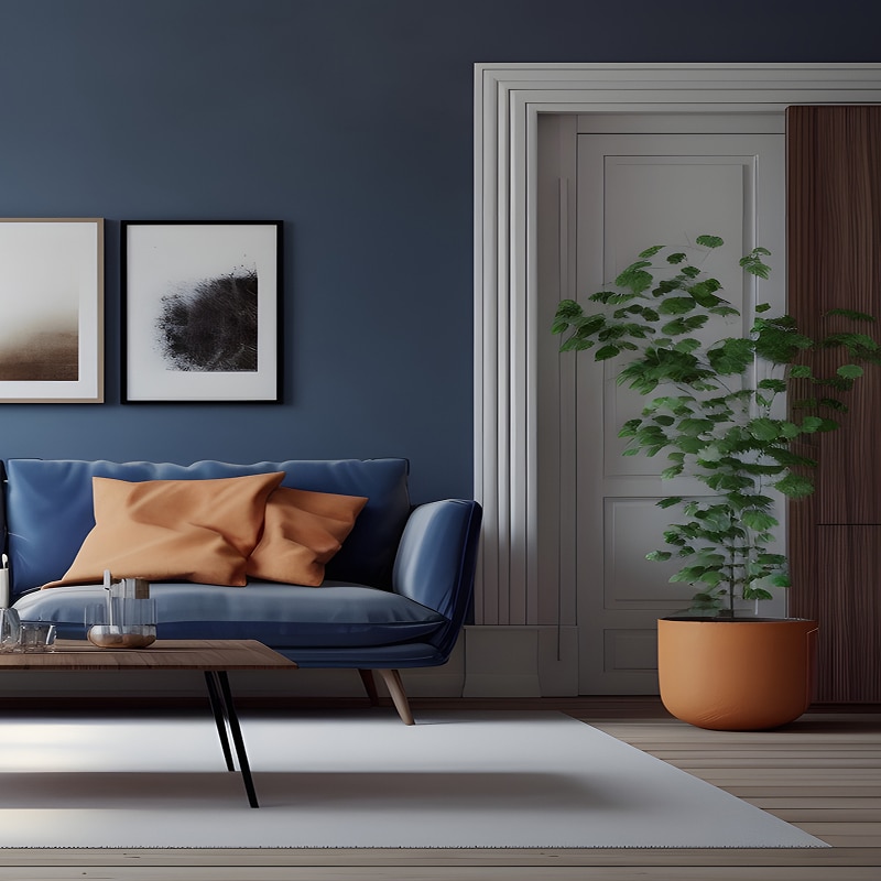 Déco Salon Moderne : Bleu Marine, Cuir et Plantes Vertes Salon moderne avec mur bleu marine, canapé cuir bleu, coussins orange, et une grande plante verte dans un pot terre cuite.