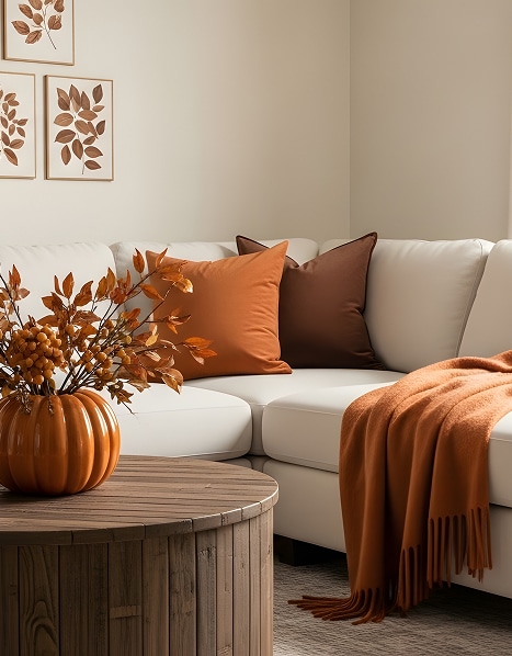 Décoration Automnale Chic : Salon Cocooning Orange Salon automnal avec canapé blanc, coussins terre cuite et marron, jeté orange vif, table basse en bois et citrouille décorative.